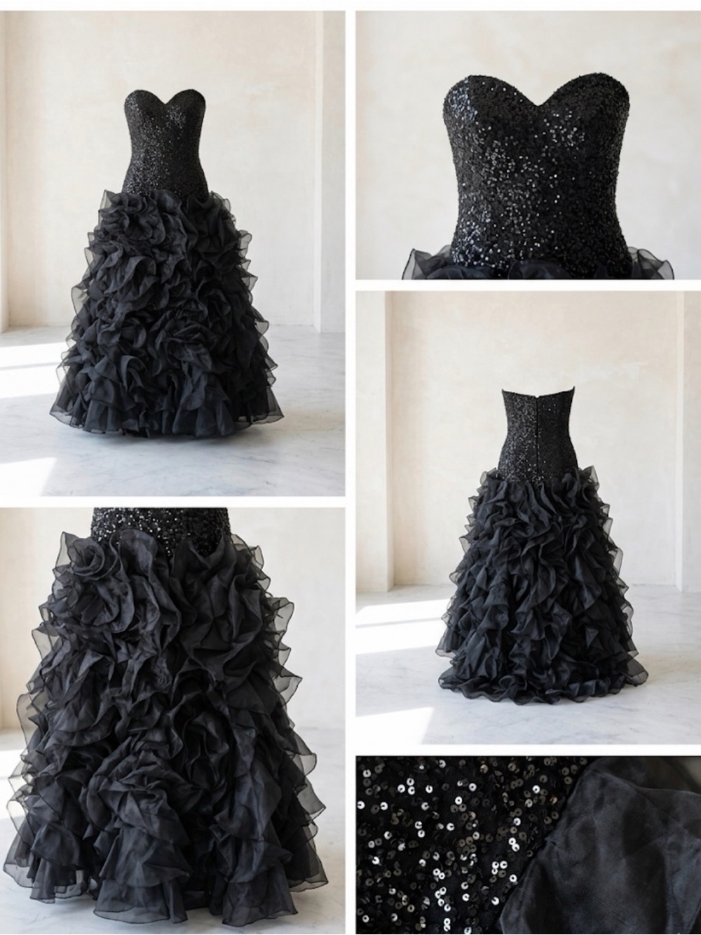 Strapless Black Sequin Ball Gown Dress